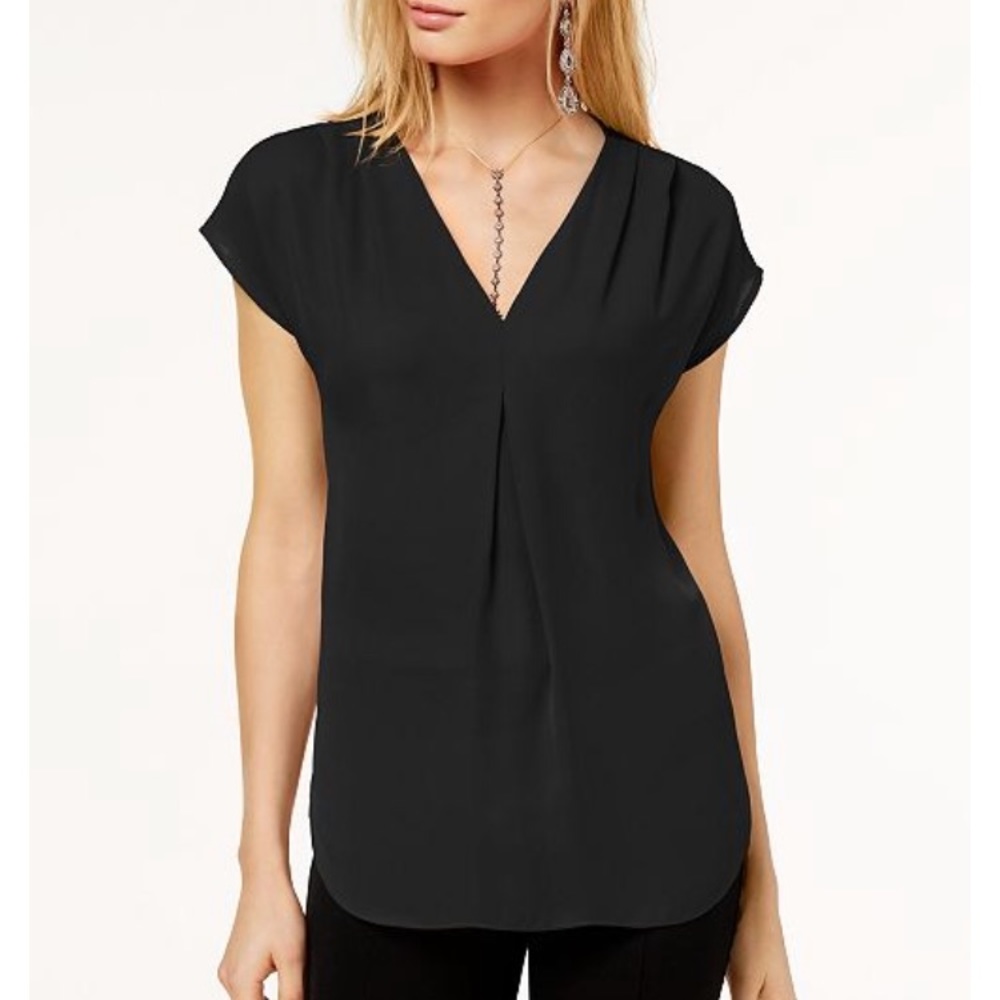 INC Black Pleated V-Neck Blouse